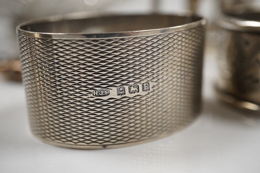 Sundry small silver including an Edwardian oval tea caddy, Hasseler Brothers, London, 1901, 10.4cm, a pierced bonbon dish, a late Victorian cream jug, five napkin rings including two pairs, a seven bar toast rack, a dama
